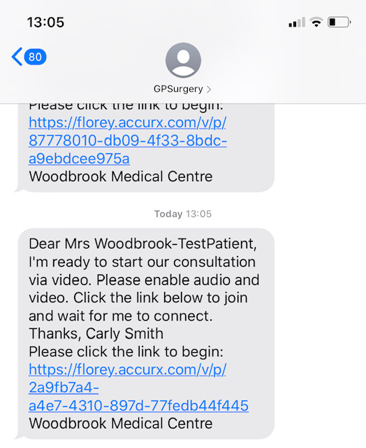 Screenshot of an SMS text message from Woodbrook Medical Centre