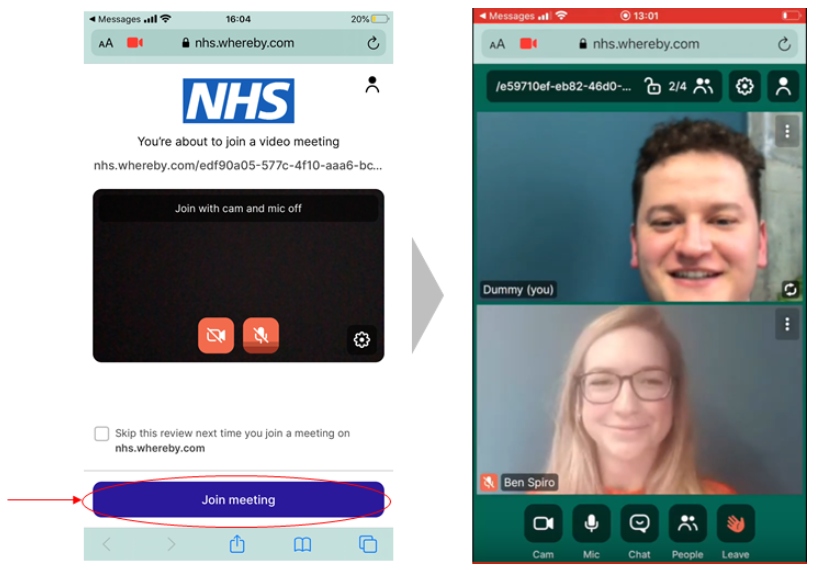 Screenshot showing how to join the video meeting and how the screen will appear when you are speaking with your GP