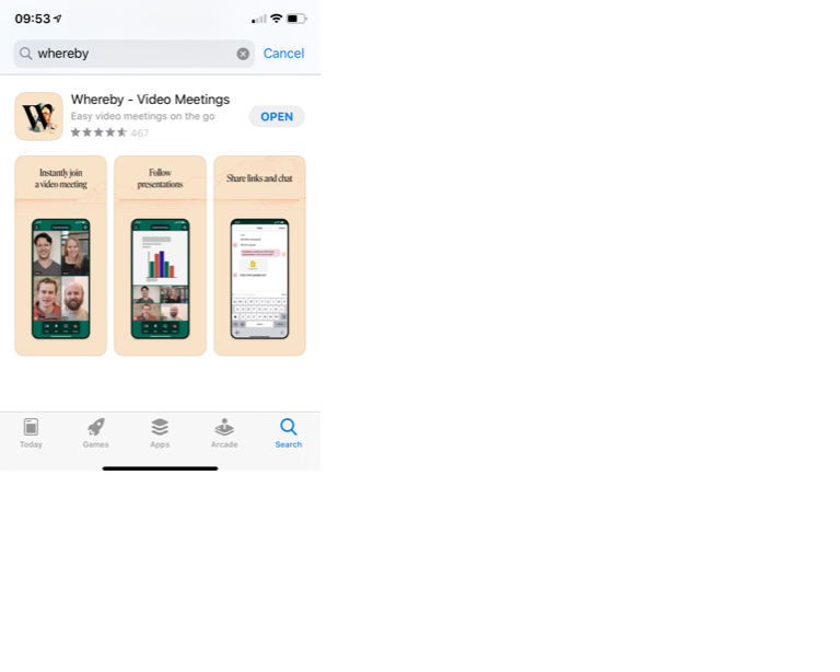 Screenshot showing the Whereby App in the app store